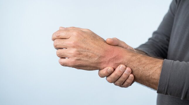 Male hands supporting wrist with visible skin texture and natural lighting