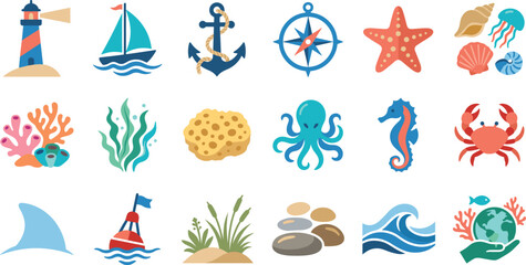 Colorful Marine Life and Nautical Illustration Set with Ocean Elements © MstRezwanaAkter