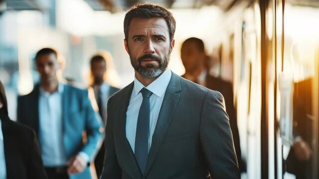 A man in a suit strides confidently through an airport terminal with a serious expression on his face.