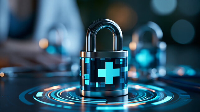 HIPAA compliant digital healthcare security and privacy protection concept, defocused background, with copy space