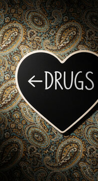 Black heart-shaped chalkboard with "DRUGS" and an arrow, set against a patterned background, symbolizing choice or warning about substance use.