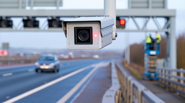 License plate recognition camera gantry with infrared glow in sharp focus and blurred technicians behind. Concept of toll road monitoring technology.