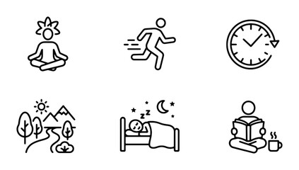 Fototapeta premium Mindfulness Meditation, Running, Time Management, Nature Landscape, Sleep, Reading Icons Set. Vector Lifestyle Symbols for Health and Wellness.