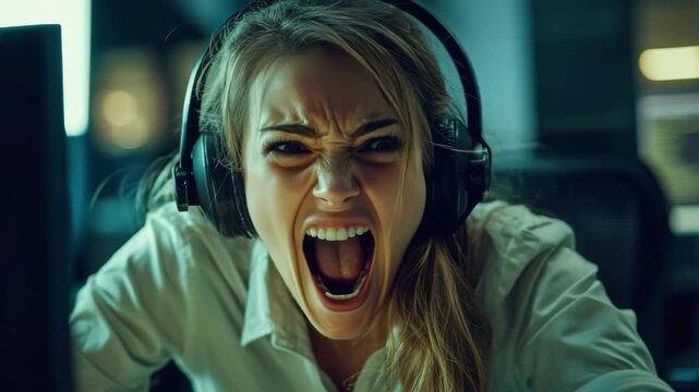 Woman yells intensely while wearing headphones. She leans forward in a dimly lit room. Her expression shows frustration or excitement. Headphones rest over her ears. Light highlights her tense face