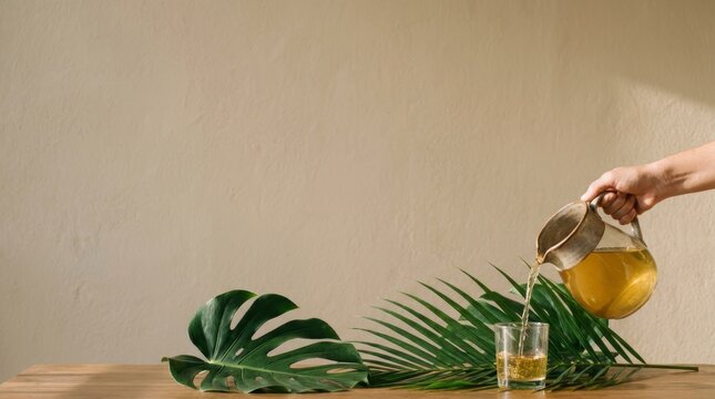 Pouring traditional indonesian jamu herbal drink into glass
