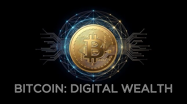 Bitcoin coin logo with digital wealth circuit background.