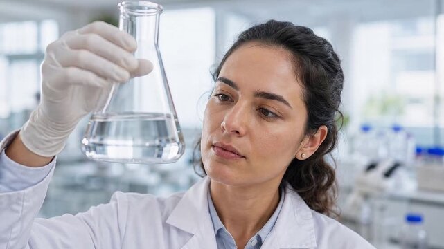 Female scientist raises and inspects a flask of clear liquid in a laboratory