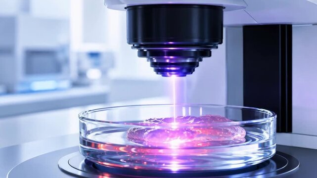 Microscope emits violet light while imaging a translucent brain model in a laboratory dish