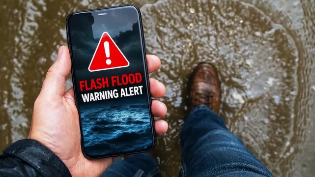 Smartphone displays a flash flood warning as a person stands ankle-deep in rippling water