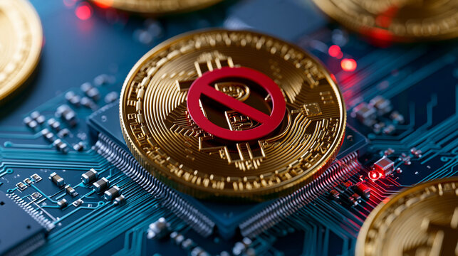 Goldene Bitcoin-M&uuml;nze liegt mit rotem Verbotssymbol auf Leiterplatine