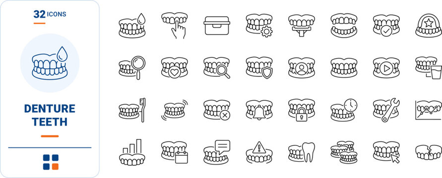 Dentures Web Icon Set in Linear Style. Collection of Dental Prosthetics line icons, including check mark, settings, security, repair, clean, broken tooth, care, hygiene and more.