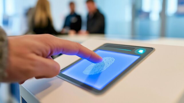 Biometric fingerprint reader plate with a scanning light in sharp focus and blurred facility staff behind. Concept of identity verification technology.