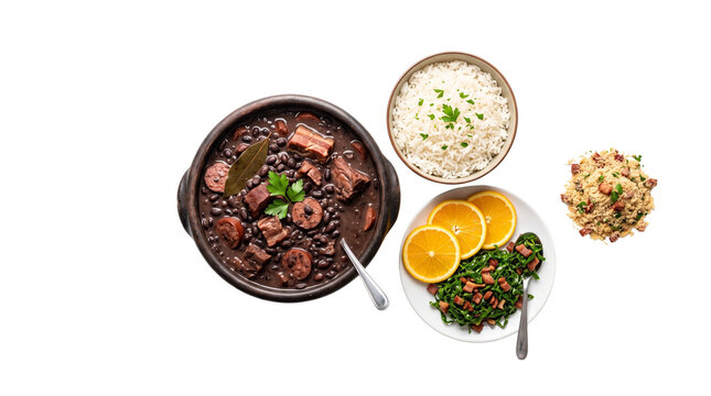 Traditional Brazilian feijoada in clay pot, black bean stew with pork and sausage, white rice with farofa and orange slices on white background