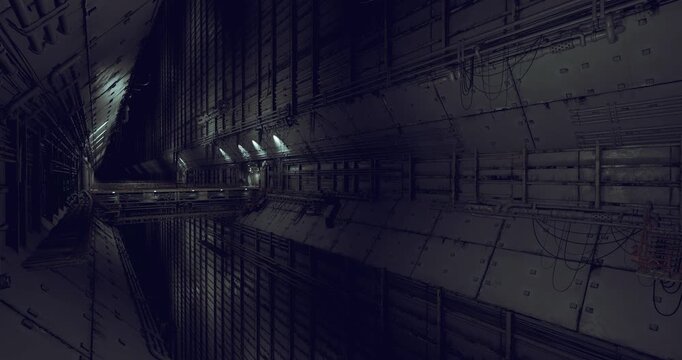 Empty cargo bay with collapsed crates and rust, scattered pallets, broken chains, dim emergency lights, salvage vibe, textured corrosion, urban exploration mood
