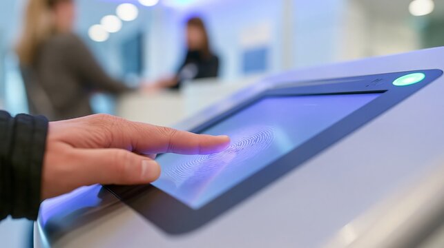 Biometric fingerprint reader plate with a scanning light in sharp focus and blurred facility staff behind. Concept of identity verification technology.