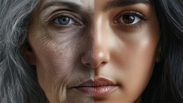 Split face shows aging contrast between youthful and mature skin. Gray hair meets dark hair on one side of the face. Blue eyes contrast brown eyes across the split