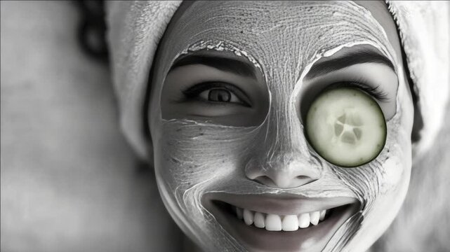 Close-up of woman enjoying facial treatment with eye mask on her face. A slice of cucumber over the eye is placed for relaxation.