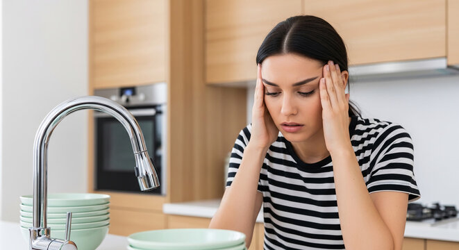 Woman with hands on head in kitchen, looking distressed. Represents stress, mental fatigue, and exhaustion in daily life.