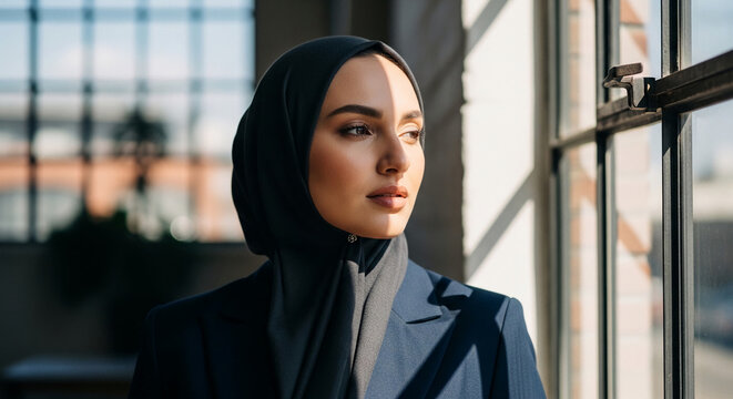 Woman in hijab and blazer looks out window with soft light. Represents contemplation, professional aspiration, and modern elegance.