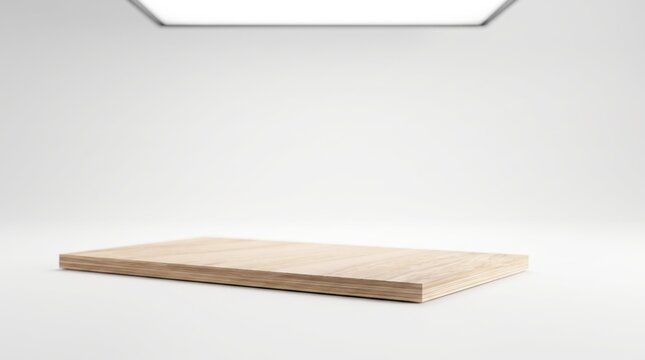 Empty wooden shelf in minimalist white room, clean for product display. Modern interior design element, blank podium, mockup template for presentation, retail showcase, furniture.