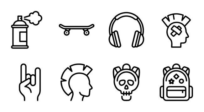 Urban Punk Rock Icons Set: Spray Can, Skateboard, Headphones, Mohawk, Skull, Backpack, Hand Gesture, Vector Graphics for Street Culture and Rebellion Themes