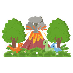 Cute dinosaur landscape with volcano eruption and prehistoric forest, vector illustration © Putra