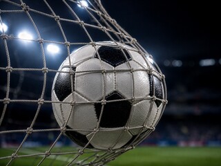 Naklejka premium Soccer ball in goal net under stadium lights
