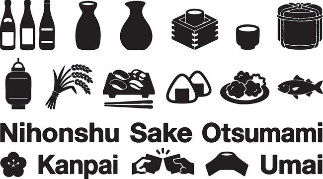 Japanese sake set icons illustration featuring traditional alcohol bottles rice harvest sushi snacks lantern and celebratory drinking festival elements