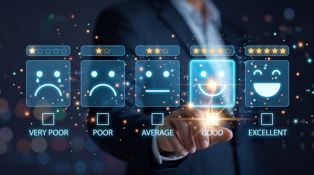 Businessman selecting good rating on virtual customer satisfaction survey interface, feedback concept with glowing stars and smiley faces for quality assessment.