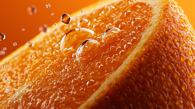 Frische Orangenscheibe mit Wassertropfen gl&auml;nzt in orangefarbenem Licht