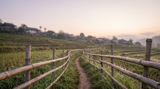 Scenic rice terrace footpath with bamboo fence at sunrise