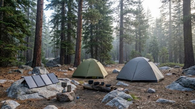 Portable solar panel charging equipment next to camping tent in forest. Off grid wilderness trekking lifestyle. Sustainable energy technology for hiking trip in nature. Outdoor survival.