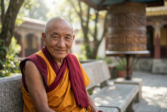 A serene close portrait of a wise elderly Buddhist monk in traditional maroon and saffron robe, smiling warmly while sitting peacefully near a large prayer wheel.