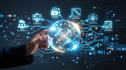 Fototapeta premium Digital transformation business network hub, CRM system integration, project management workflow, video conference collaboration, document sharing platform, team connectivity