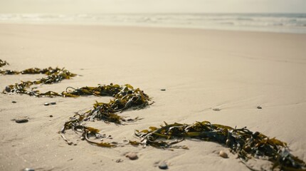 Obraz premium Seaweed on sandy beach with ocean waves background