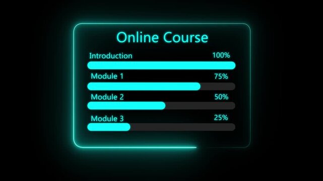 Digital Learning Progress Tracker Showing Online Course Modules and Completion Percentages. holography neon line animation.3d online course,vector, neon sign, education icon motion graphic.