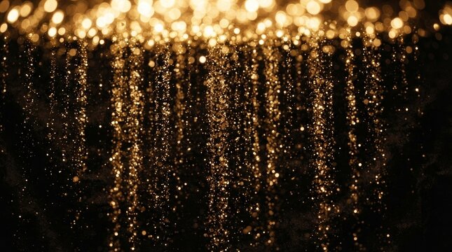 Glowing golden fireworks exploding in dark night sky