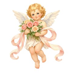 Obraz premium Cherubic angel holding pink roses.