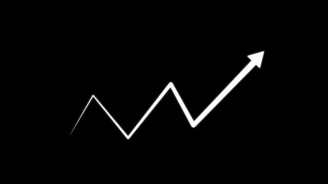 white hand-drawn brush stroke arrow isolated on a black background. white business arrow graph going up volatile market holding chart market forecast glowing, vector, neon sign, success graph.