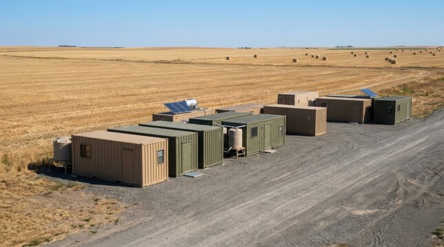 Modular container cabins installed in rural agricultural field. Shipping container home for remote housing or temporary accommodation. Sustainable living and off grid infrastructure project.