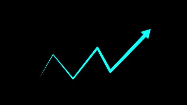 white hand-drawn brush stroke arrow isolated on a black background. white business arrow graph going up volatile market holding chart market forecast glowing, vector, neon sign, success graph.
