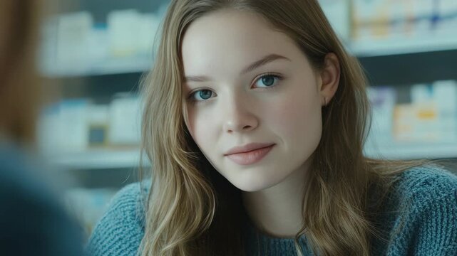 A young woman with long hair sitting at a table, looking down and off to the side, conveying contemplation or deep thought. She is wearing a light blue top.