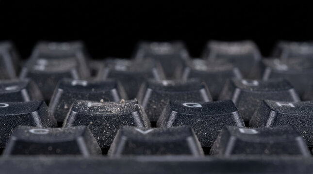 Tech layoffs keyboard dust computer closeup macro black key button Dusty black computer keyboard closeup macro view conveying tech layoffs stress