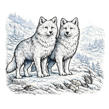 Wolf Drawing of Two Wolves in Mountainous Winter Landscape