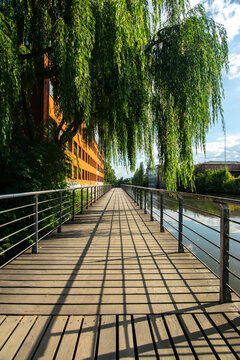 Wooden walkway with shadows next to river and weeping willow