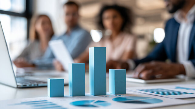 Faceless business meeting with risk management blocks and financial charts on table, defocused office background, with copy space