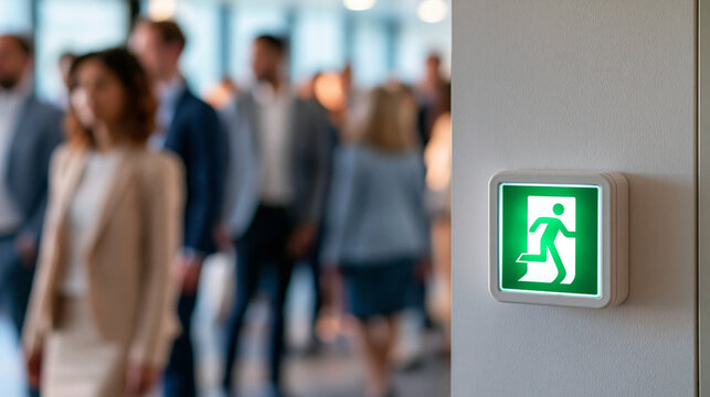 Faceless office workers gathered at assembly point sign during emergency evacuation drill, defocused background, with copy space