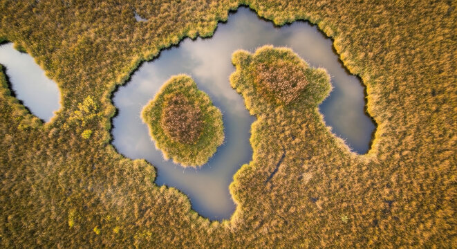 Aerial top view of a winding wetland with small islands and grassy patterns in a natural peat bog ecosystem.
