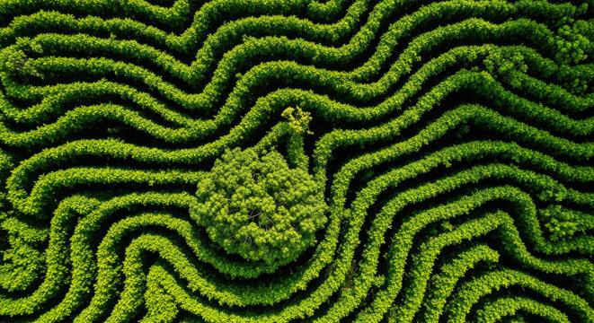 Aerial Top Down View of a Winding Green Hedge Maze Labyrinth with a Central Tree