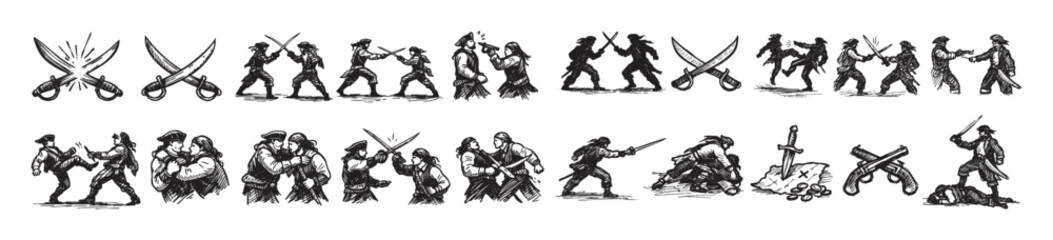 Fototapeta premium Collection of hand-drawn pirate-themed illustrations depicting various fighting scenes, weapons, and characters in a dynamic, action-oriented style